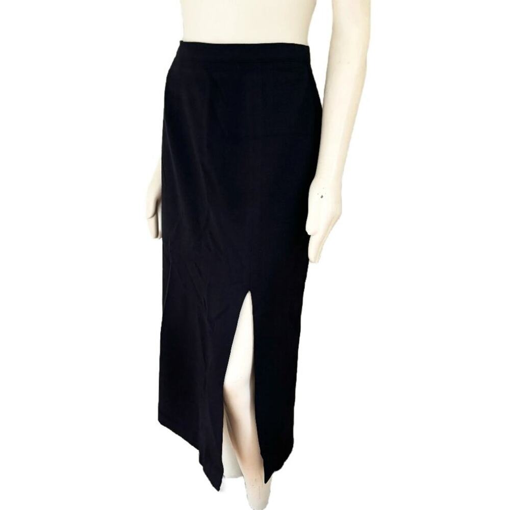 VTG 80s ISAAC HAZAN 100% Wool Slit Front Long Midi Skirt in Black SZ 8